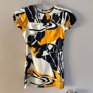 Badgley Mischka SILK Black and Yellow Patterned Mini dress puff short sleeve 0